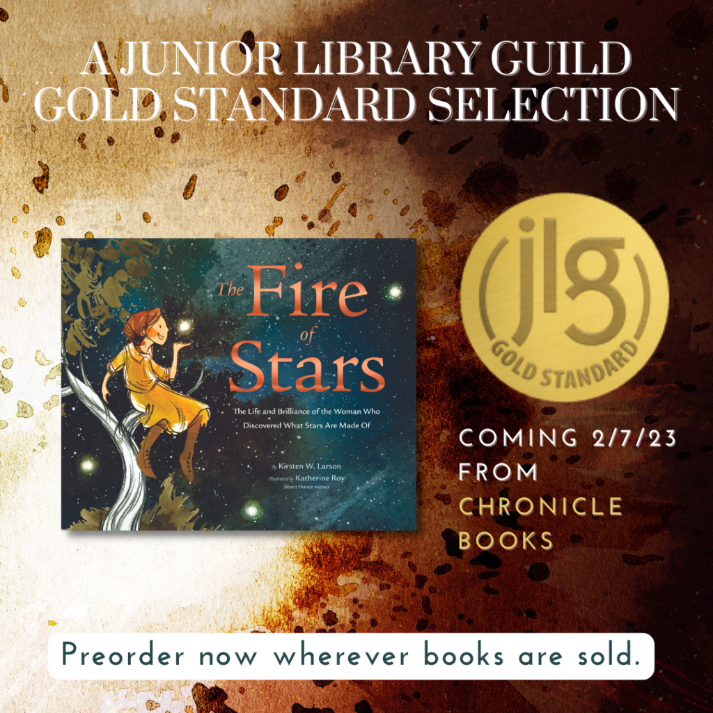 This is a graphic showing that THE FIRE OF STARS is a Junior Library Guild Gold Standard selection